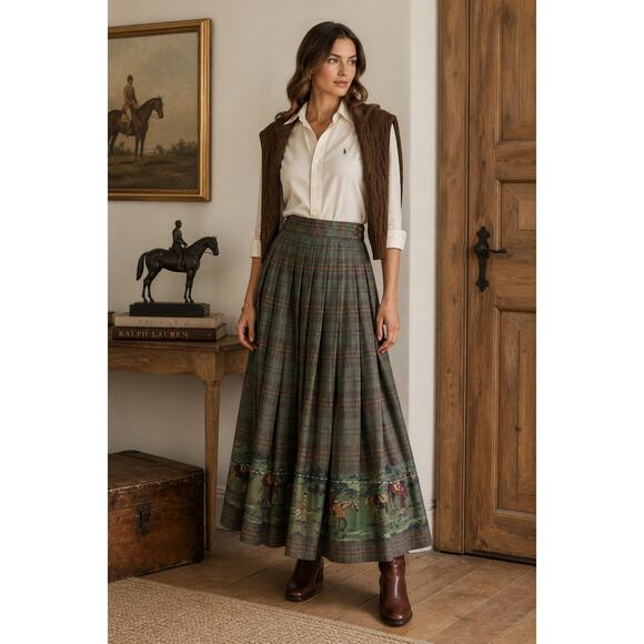 Herman Geist Dresses & Skirts - Rare Herman Geist Equestrian Tartan Plaid Maxi Horse Skirt Green Size 12 Large